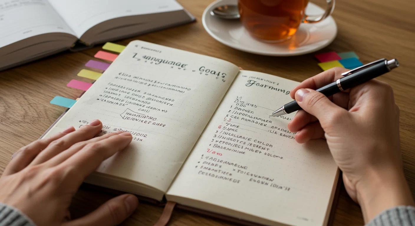 ノートとペンで目標を書き出す様子