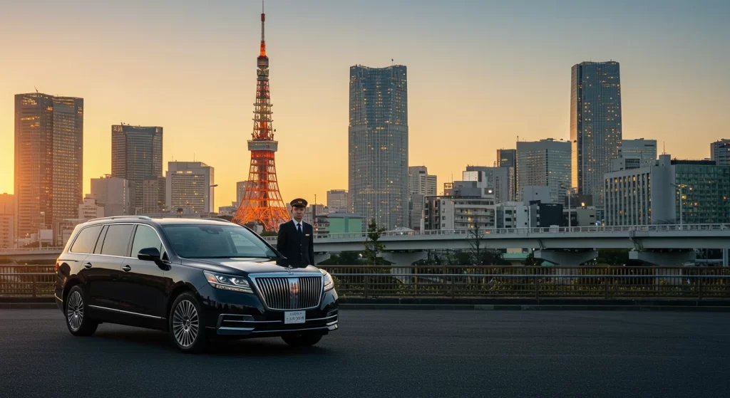 東京の高層ビル街を背景に高級車と専属ドライバーが待機している様子