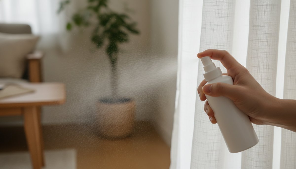 カーテンに静電気防止スプレーを吹きかける様子