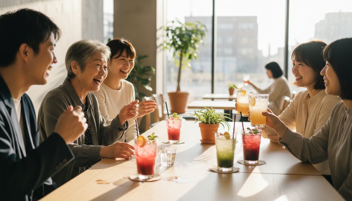 ノンアルコール飲料を楽しむ人々の社交シーン